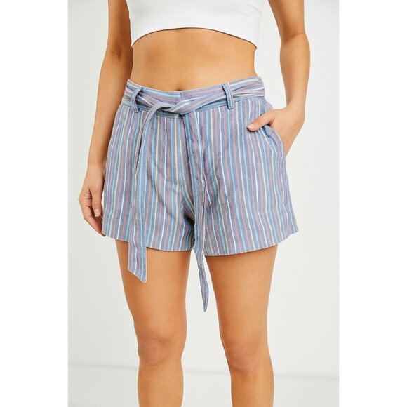 Talbots Petite 4P Blue Striped Shorts With Tie Belt Cotton & Linen Blend - Picture 1 of 12